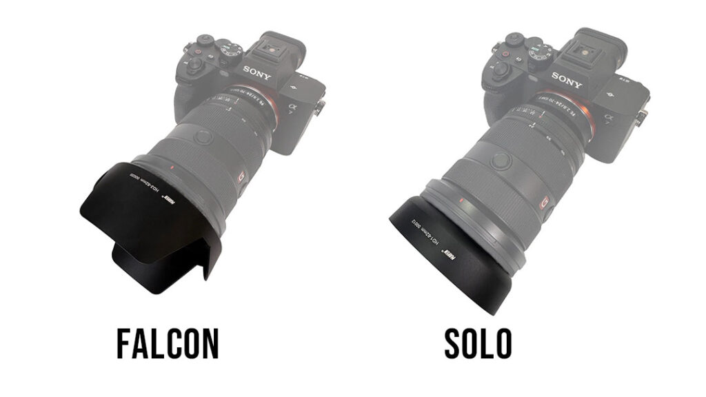 Falcon Lens Hood and Solo Lens Hood attached to cameras.